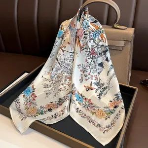 Lenço de seda floral luxuoso para mulheres, lenço de cetim macio, lenço de cabelo, cabeça Hijab, bandana, fita de saco foular...