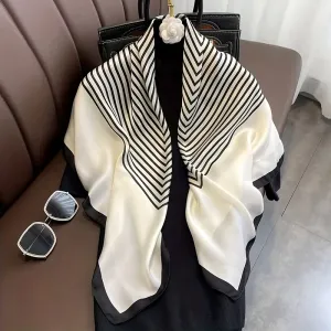 Luxo listrado xale macio cetim lenço quadrado elegante bandana imitação de seda cabeça envoltório clássico protetor solar via...