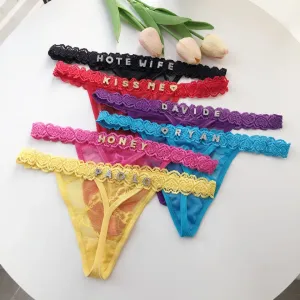 Personalizado Tanga Nome Brilhante Carta Lace Calcinhas tanga Sexy Personalizado G-String Bikini Jóias Namorada Esposa Valent...