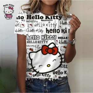 Olá kitty camiseta de algodão feminina verão impressão dos desenhos animados o pescoço manga curta senhora camisa de fundo ag...