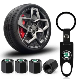 Tampa dos hastes da válvula do pneu da roda de carro com chaveiro crachá para skoda vrs octavia superb fabia kamiq karoq kodi...