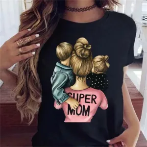 Desenhos animados das mulheres Imprimir T-shirt, Mamãe, Mãe, Menino, Menina, Mãe, Senhora, Top Casual, Camiseta gráfica para ...