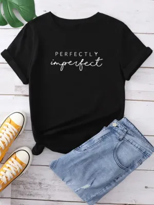 Perfeitamente imperfeito carta impressão camiseta feminina harajuku casual manga curta preto camiseta feminina verão roupas d...