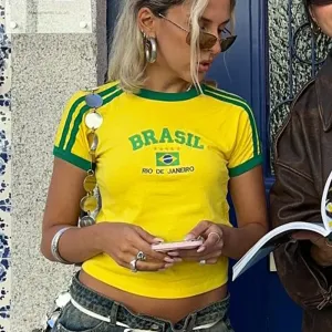 BRASIL-Letter Graphic Print Cropped Tees for Women, T-Shirt Skinny, Streetwear Sexy, Y2K Clothing, Y2K, Harajuku, Novo, 2000s