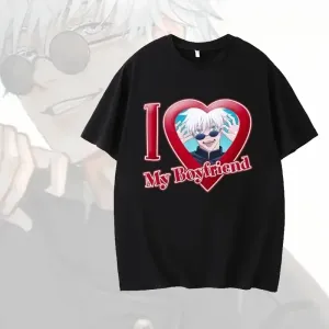 Camiseta de algodão masculina de verão eu amo meu namorado satoru gojo camiseta gráfica de desenho animado extra grande top d...
