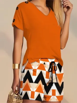 Shorts femininos casuais de manga curta com decote em v, calção renda, cores suaves novidade, conjunto de 2 peças, verão, 202...