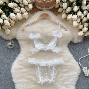 Conjunto de 2 peças de roupas íntimas para mulheres, top e calça, nó de borboleta recortado com guarnição frisada, fita de ma...