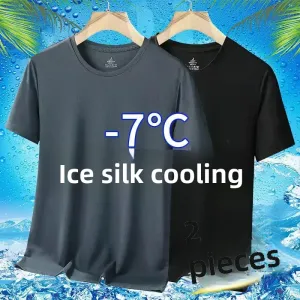 Camiseta masculina de manga curta de seda gelo de secagem rápida nova malha respirável solto ajuste em torno do pescoço espor...