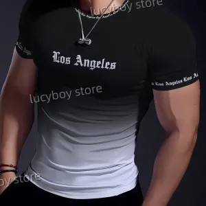 Homens Gradiente Cor Los Angeles Muscle Training Manga Curta Tees Secagem Rápida Correndo Sportwear Homens Oversized Tops Men...
